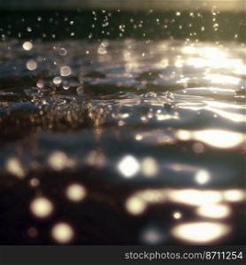 Horizontal shot of rain drops at ground with sunlight 3d illustrated
