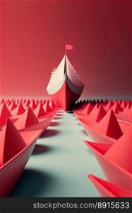 Horizontal shot of red origami ship goes to adventure, being a leader against all odds