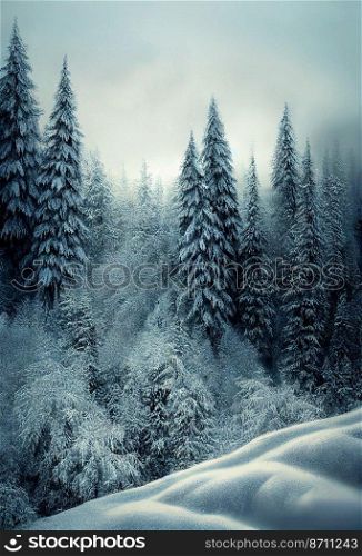 Horizontal shot of snowy dark forest 3d illustrated