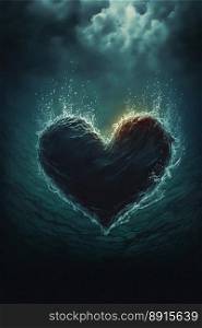 Horizontal shot of symbol of love, dark heart drowning at sea