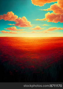 Horizontal shot of Untouched fields at sun rise 3d illustrated