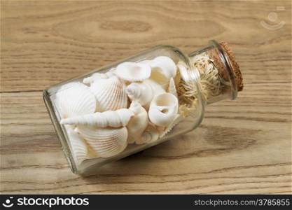 Horizontal view of a glass bottle filled with sea shells on rustic wood