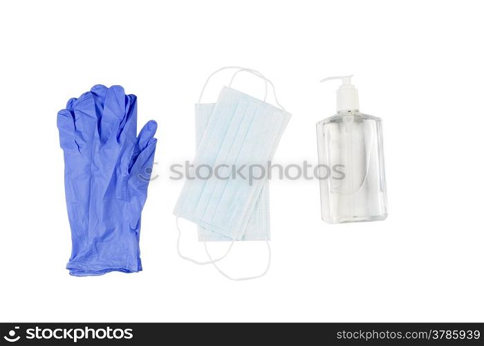 Horizontal view of new hygiene items consisting of latex gloves, mask and hand sanitizer isolated on white