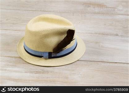 Horizontal view of straw hat with bird feather on faded white wood.