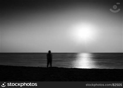 Horizontal vivid black and white meeting ocean sunset lonely man abstraction landscape background backdrop . Horizontal vivid black and white meeting ocean sunset lonely man