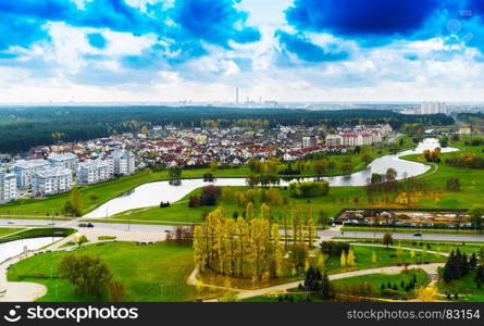 Horizontal vivid center of Minsk panorama cityscape background backdrop. Horizontal vivid center of Minsk panorama cityscape background b