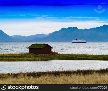 Horizontal vivid Norway house ship landscape background backdrop