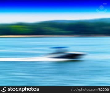Horizontal vivid speed boat on river abstraction background backdrop. Horizontal vivid speed boat on river abstraction background back
