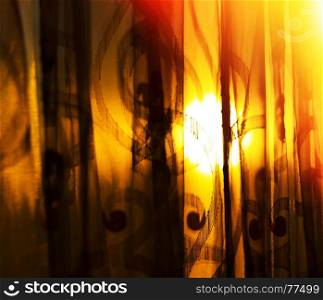 Horizontal vivid sunset curtains with light leak background
