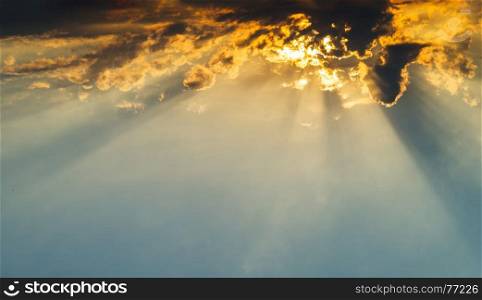 Horizontal vivid vibrant cloudscape with sun rays background backdrop. Horizontal vivid vibrant cloudscape with sun rays background bac