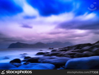 Horizontal vivid vibrant Norway ocean rocky stony beach landscape abstraction background backdrop. Horizontal vivid vibrant Norway ocean rocky stony beach landscap