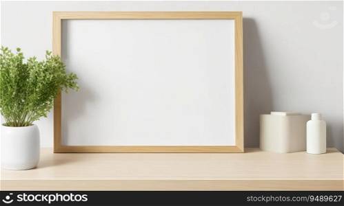 Horizontal Wooden Picture Frame and Poster Mockup  Enhance Your Space with Stylish Wooden Table and Desk. Generative AI.