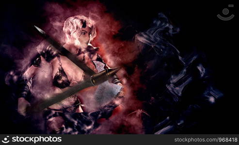 Horned blonde female demon with sword posing over dark background - 3d rendering. Horned blonde female demon with sword posing over dark background