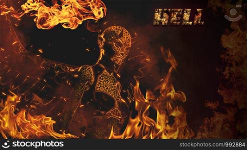 Horned female demon in flames at dark background - 3d rendering. Horned female demon in flames at dark background