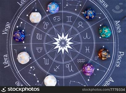 Horoscope zodiac circle with divination dice, top view. Fortune telling and astrology predictions concept, magic rituals and exoteric experience. Zodiac horoscope with divination dice