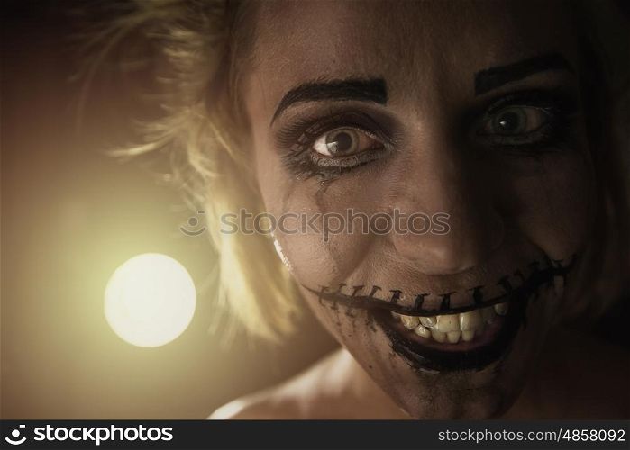 Horrible girl with scary mouth and eyes, halloween theme