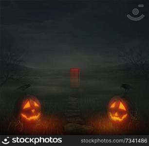 Horror halloween background of autumn valley with spooky trees, jack-o’-lanterns with spider web and a pathway to a mysterious door. Scary faces trick or treat