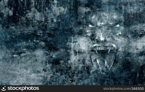 Horror monster Demon face abstract grunge background as a fear concept as a screaming cruel zombie or vampire representing anxiety emotion and being afraid psychology in a 3D illustration style.