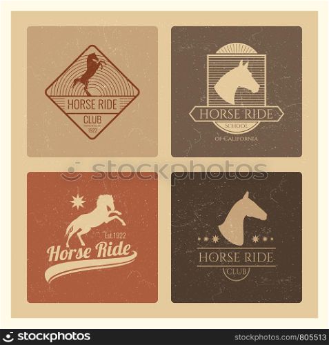 Horse ride club vintage retro emblem set isolated. Vector illustration. Horse ride club vintage emblem set