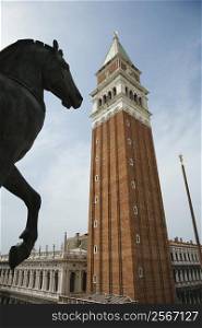 Horse statue and Campanile in Piazza San Marco in Venice, Italy.