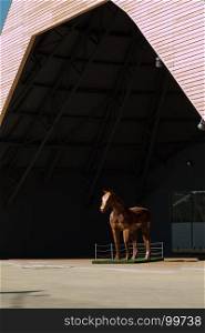 Horse Wooden Sculpture: Brown Woodcarving Statue Under Big Hangar