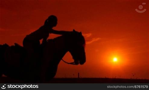 Horseback riding silhouette of girl on horse at sunset