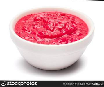 Horseradish red sauce in ceramic bowl isolated on white. High quality photo. Horseradish red sauce in ceramic bowl isolated on white