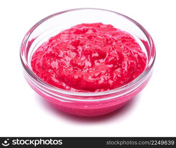 Horseradish red sauce in glass bowl isolated on white. High quality photo. Horseradish red sauce in glass bowl isolated on white