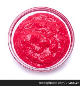 Horseradish red sauce in glass bowl isolated on white. High quality photo. Horseradish red sauce in glass bowl isolated on white