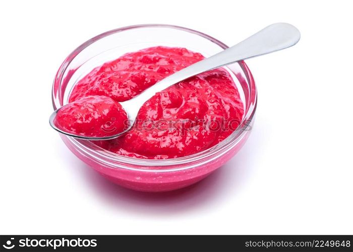 Horseradish red sauce in glass bowl isolated on white. High quality photo. Horseradish red sauce in glass bowl isolated on white