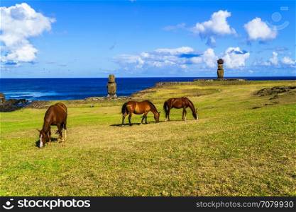 Horses grazing at Ahu Tahai and Ahu Ko Te Riku in Tahat Archeological Complex, Easter Island, Chile