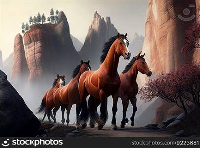 Horses on Chinese hill background illustration. Ai genrative.