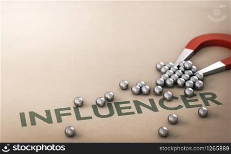 Horseshoe magnet attracting many spheres with a word printed on the paper background. Influencer marketing concept. 3D illustration. Customer Attraction, Brand Influencer Marketing Concept