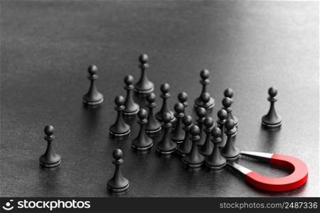 Horseshoe magnet attracting pawns over black background. Concept of inbound marketing. Attraction, engagement and conversion of new leads. 3d illustration.. Lead Acquisition. Inbound Marketing Concept.