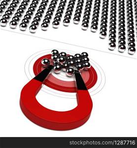 horseshoe magnet with metal ball and red target, symbol of market audience. marketing campaign concept, market audience