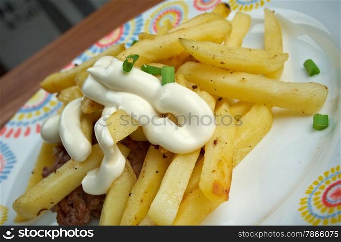 Horseshoe sandwich - open-faced sandwich originating from Springfield, Illinois.consists of meat, bread and french fries