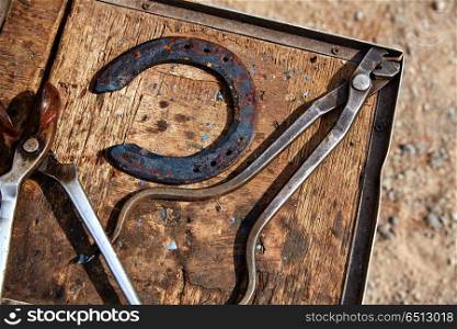 Horseshoes horse tools on a grunge wood. Horseshoes horse tools on a grunge wood table