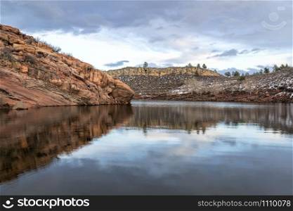 Horsetooth Reservoir in early winter scenery, popular recreation destination for boating, paddling, hiking and mountain biking in northern Colorado