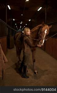 Horsewoman petting horse stroking animal muzzle over stable interior. Friendship, loving and taking care of animal. Horsewoman petting horse stroking animal muzzle over stable interior