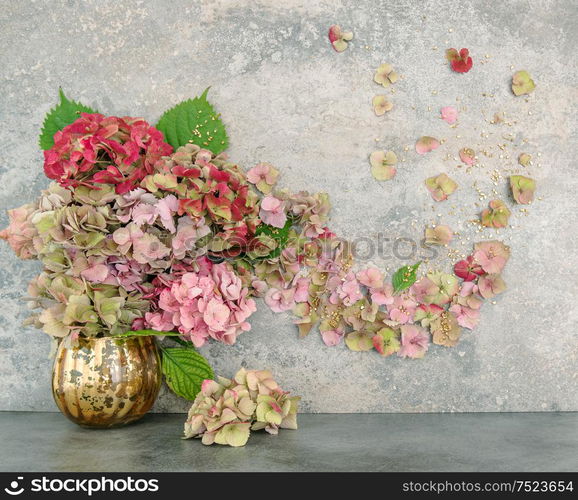 Hortensia flowers bouquet with golden decoration