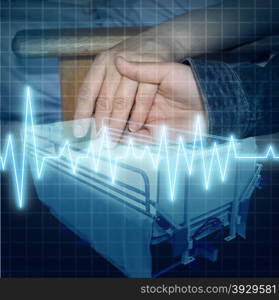 Hospital care and medical family support as the hand of a child giving assistance to an adult patient with an ECG or EKG icon and a stretcher as a health concept of emotional help and caring for the ailing.