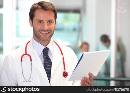 Hospital doctor checking patient notes