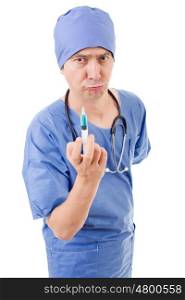 hospital doctor with a syringe isolated over white background