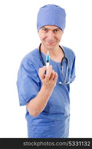hospital doctor with a syringe isolated over white background