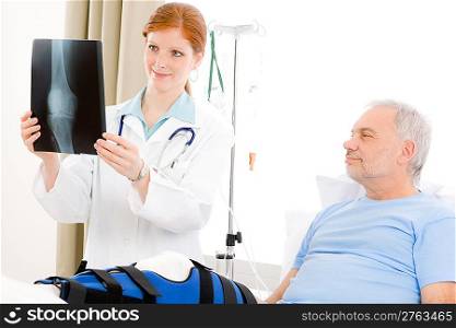 Hospital - female doctor examine x-ray senior patient broken leg
