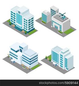 Hospital Isometric Icons Set. Hospital building isometric icons set with ambulance helicopter and lawn isolated vector illustration
