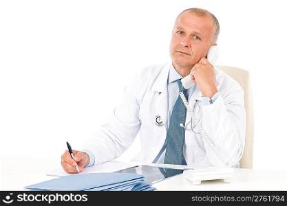 Hospital professional doctor male with stethoscope on phone hold x-ray