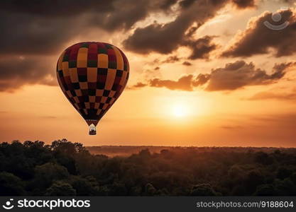 hot air balloon in the sunset evening sky and pure cloud copy space created by generative AI 