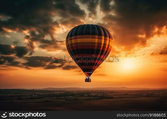 hot air balloon in the sunset evening sky and pure cloud copy space created by generative AI 