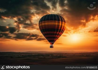hot air balloon in the sunset evening sky and pure cloud copy space created by generative AI 